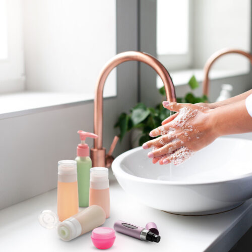 Woman washing hands under water tap. Self care and hygiene. Close up of female hand. Infection prevention. Liquid antibacterial soap and foam. Step by step instruction. Step 2.