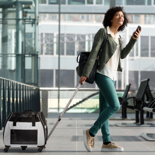 Full body side portrait of travel woman walking at station with suitcase and  cellphone