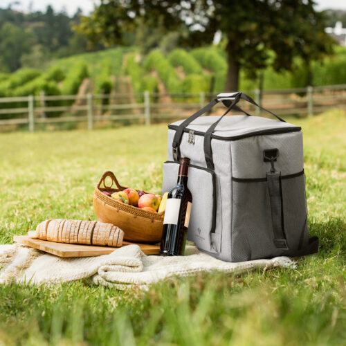 Picnic basket on grass with food and drink on blanket. Picnic lunch outdoor in a field on sunny day with bread, fruit and bottle of red wine. Pic nic on green grass with landscape in the background.